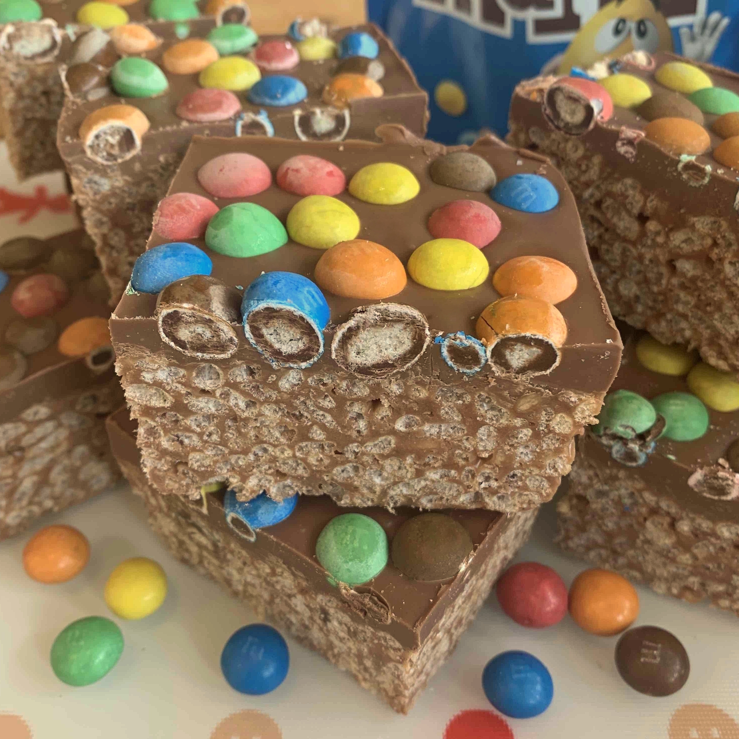 M&M Rice Krispie Treats - rice krispie treats with m&ms